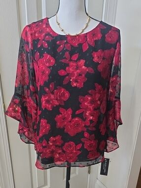 BLACK LABEL BRAND WOMEN'S BLACK FLORAL FLOWING SLEEVES PULLOVER TOP SIZE XS